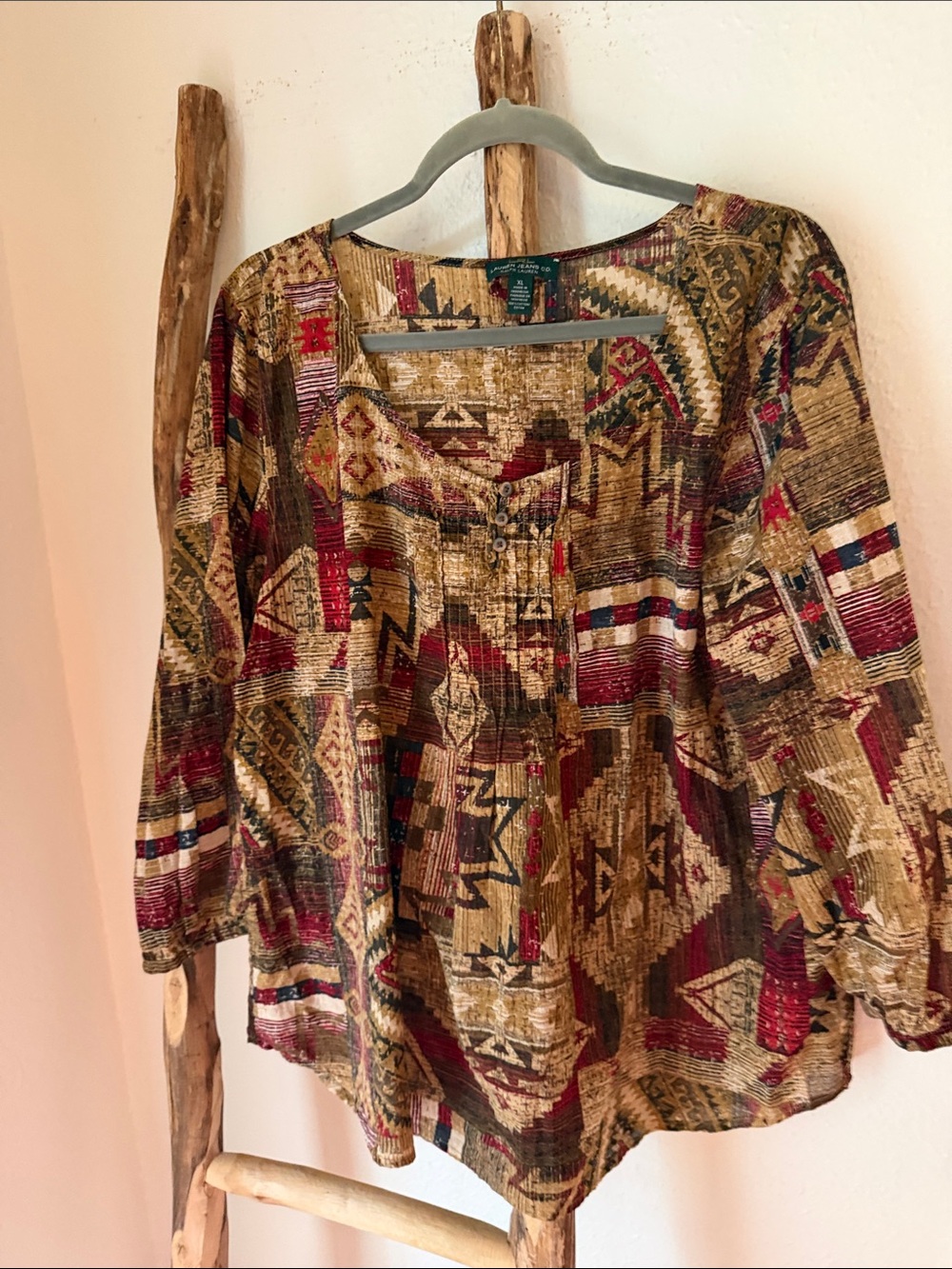 Ralph Lauren lightweight Cotton Tan Burgundy Aztec Print 3/4 Sleeve Blouse
